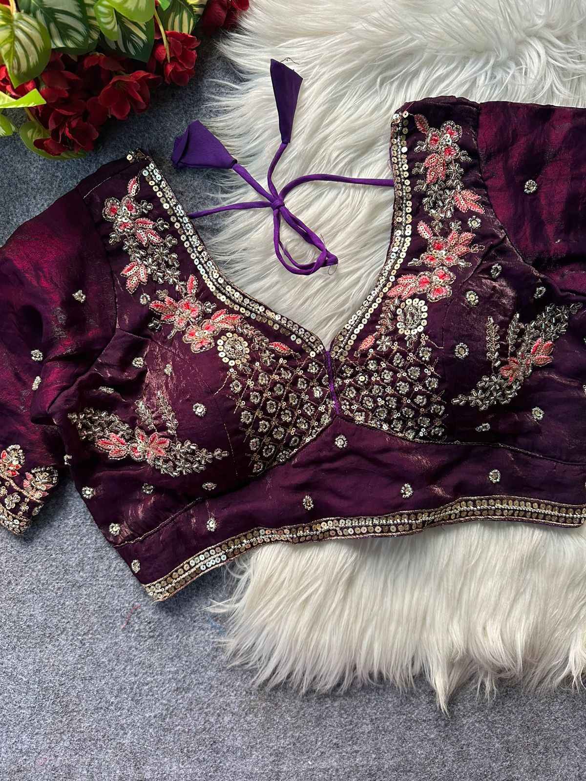 HEAVY PURE FENDI SILK STARS & BEADS WORK SABYASACHI NEACK BRIDAL BLOUSE AT WHOLESALE PRICE  