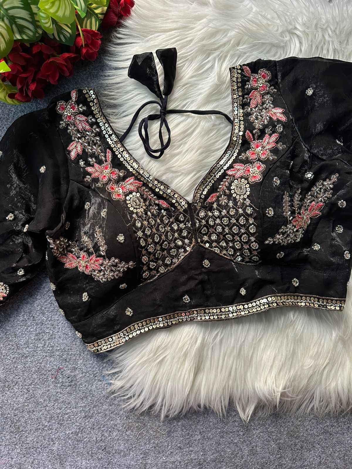 HEAVY PURE FENDI SILK STARS & BEADS WORK SABYASACHI NEACK BRIDAL BLOUSE AT WHOLESALE PRICE  