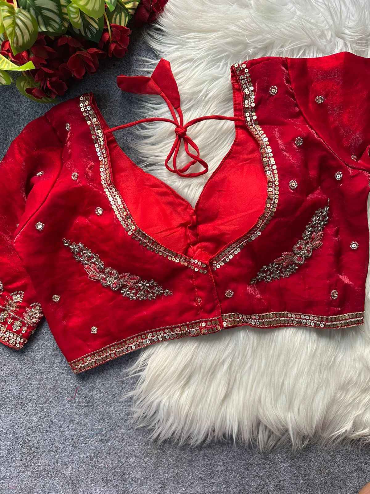 HEAVY PURE FENDI SILK STARS & BEADS WORK SABYASACHI NEACK BRIDAL BLOUSE AT WHOLESALE PRICE  