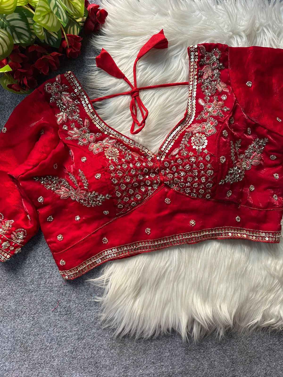 HEAVY PURE FENDI SILK STARS & BEADS WORK SABYASACHI NEACK BRIDAL BLOUSE AT WHOLESALE PRICE  