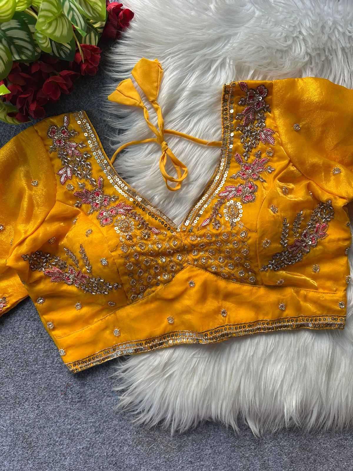 HEAVY PURE FENDI SILK STARS & BEADS WORK SABYASACHI NEACK BRIDAL BLOUSE AT WHOLESALE PRICE  