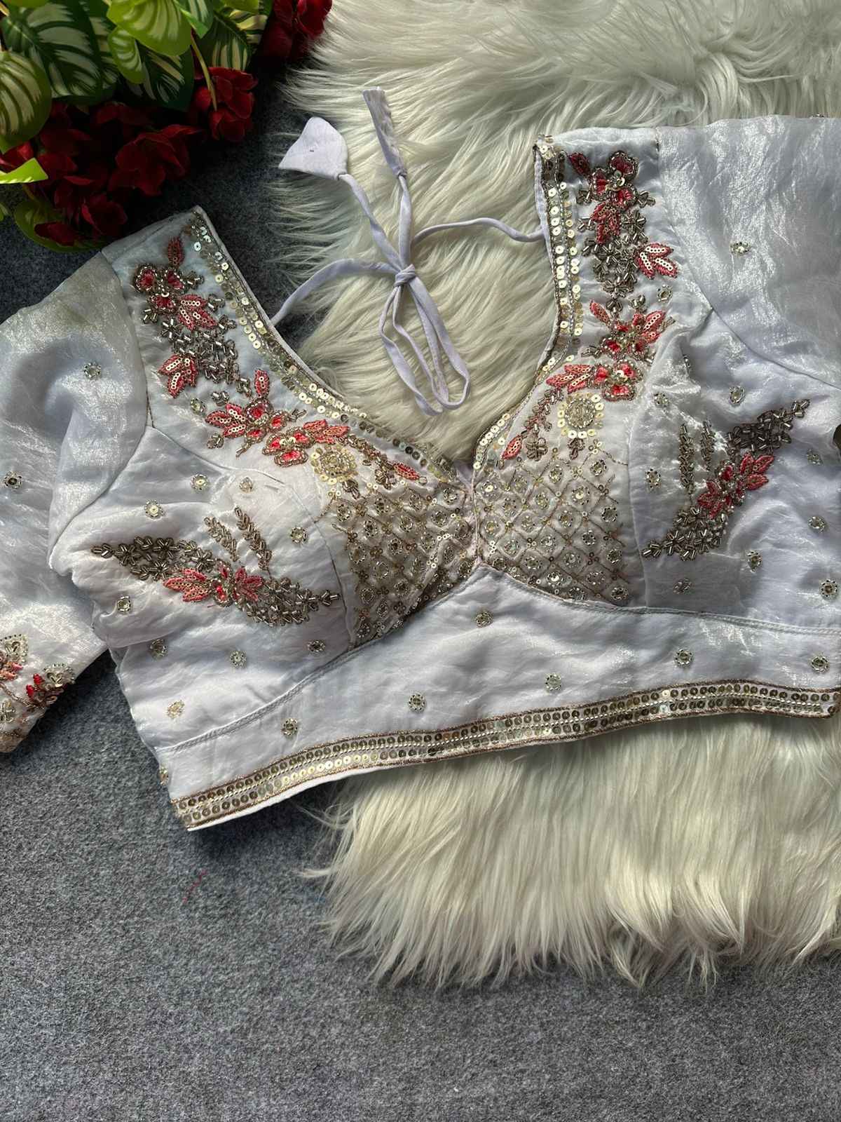 HEAVY PURE FENDI SILK STARS & BEADS WORK SABYASACHI NEACK BRIDAL BLOUSE AT WHOLESALE PRICE  