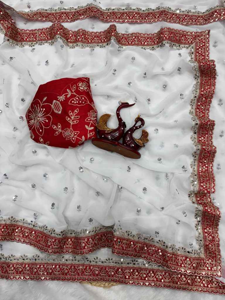 PURE GEORGETTE SEQUINS AND DORI EMBROIDERY REAL MIRRRO WORK SAREE AT WHOLESALE PRICE