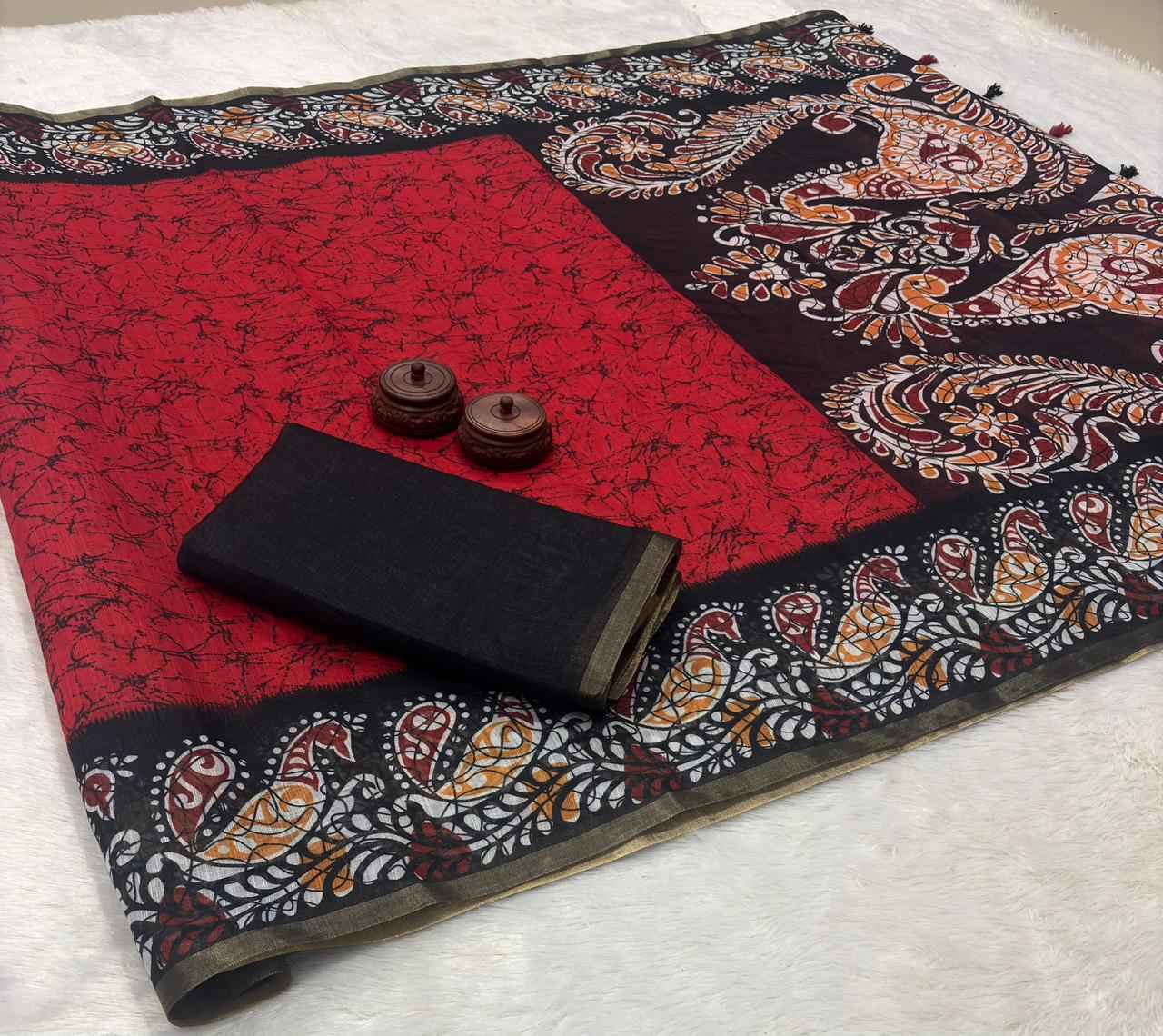 PURE LINEN COTTON DIGITAL PRINTED ZARI WEAVING SAREE 1 AT WHOLESALE PRICE