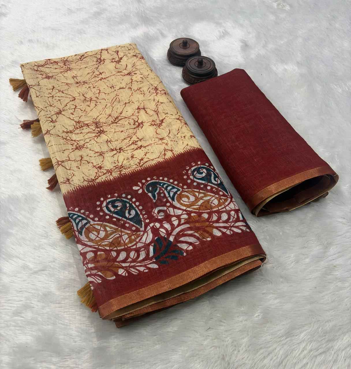 PURE LINEN COTTON DIGITAL PRINTED ZARI WEAVING SAREE 1 AT WHOLESALE PRICE