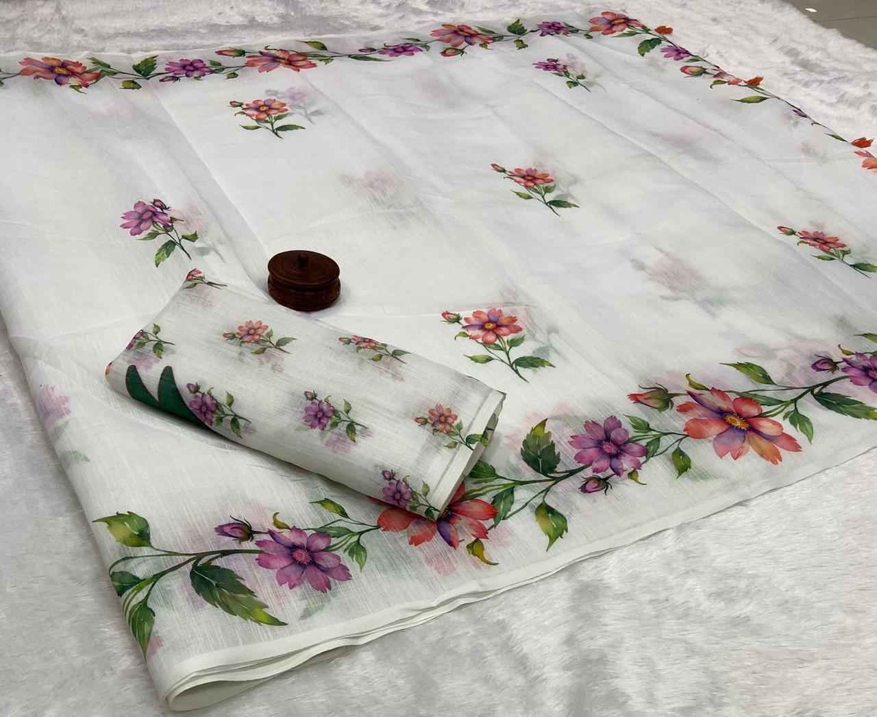 PURE LINEN COTTON FLORAL DIGITAL PRINT SAREE AT WHOLESALE PRICE