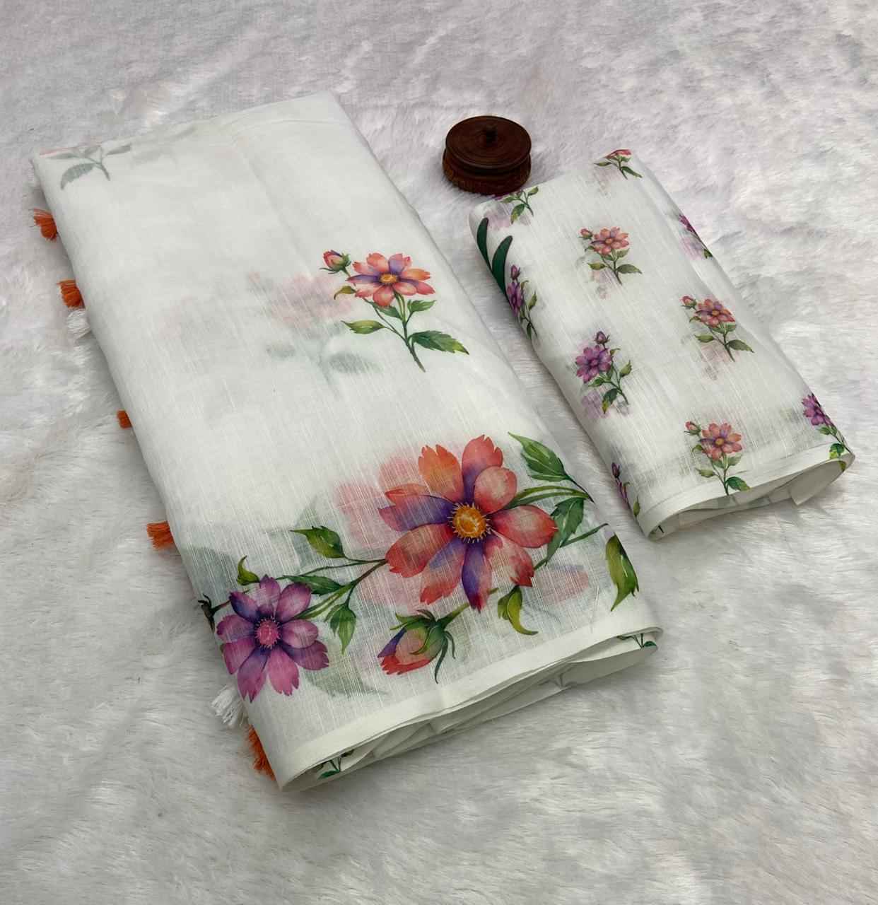 PURE LINEN COTTON FLORAL DIGITAL PRINT SAREE AT WHOLESALE PRICE