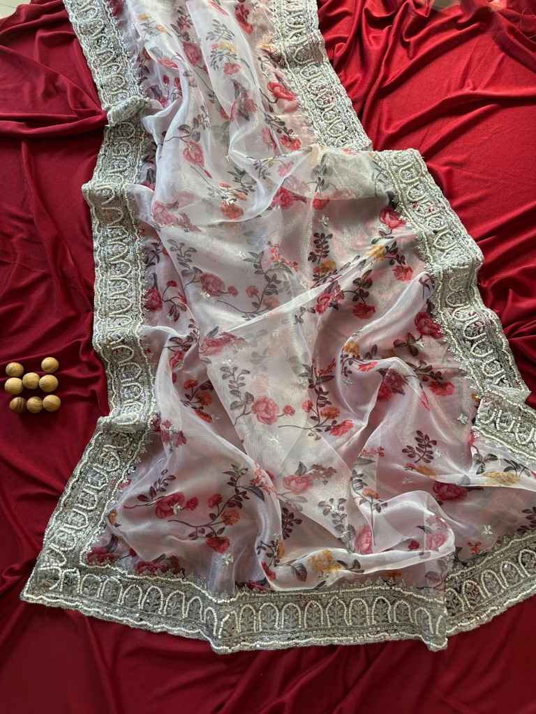 PURE ORGANZA SILK  DIGITAL FLORAL PRINT WITH HAND MOTI WORK SAREE AT WHOLESALE PRICE