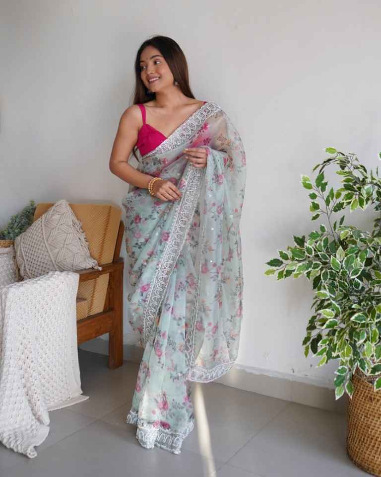 PURE ORGANZA SILK  DIGITAL FLORAL PRINT WITH HAND MOTI WORK SAREE AT WHOLESALE PRICE