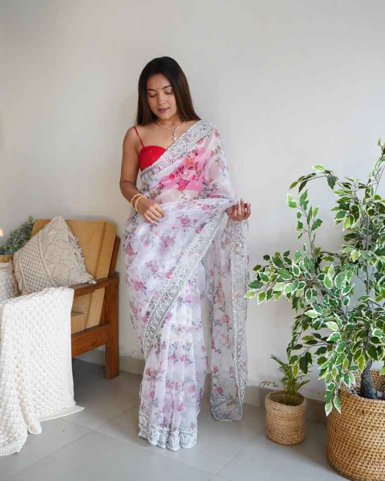 PURE ORGANZA SILK  DIGITAL FLORAL PRINT WITH HAND MOTI WORK SAREE AT WHOLESALE PRICE
