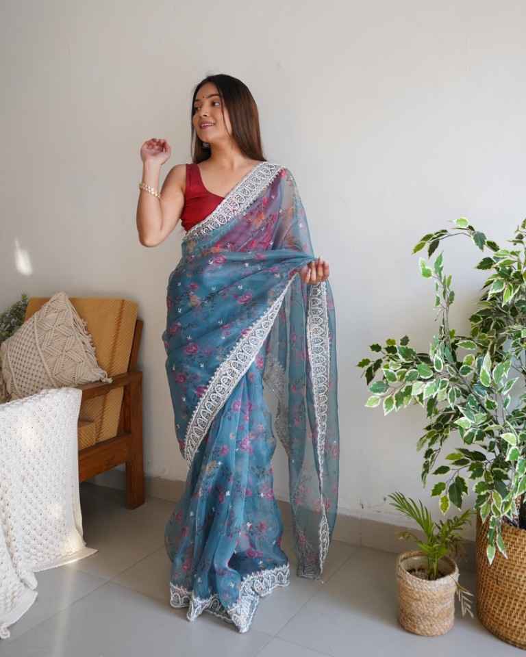 PURE ORGANZA SILK  DIGITAL FLORAL PRINT WITH HAND MOTI WORK SAREE AT WHOLESALE PRICE