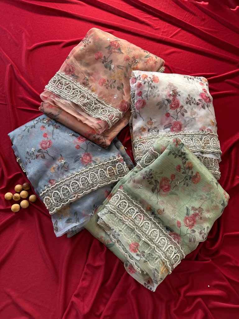 PURE ORGANZA SILK  DIGITAL FLORAL PRINT WITH HAND MOTI WORK SAREE AT WHOLESALE PRICE