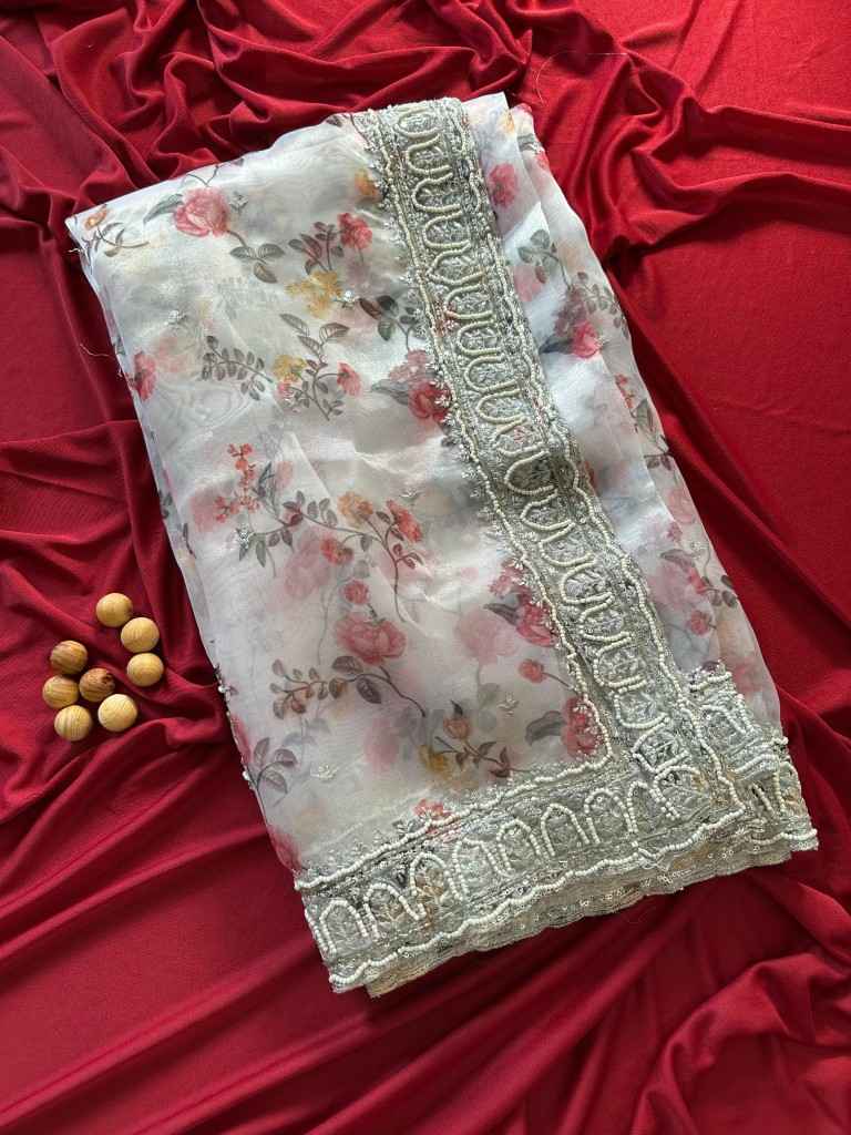 PURE ORGANZA SILK  DIGITAL FLORAL PRINT WITH HAND MOTI WORK SAREE AT WHOLESALE PRICE