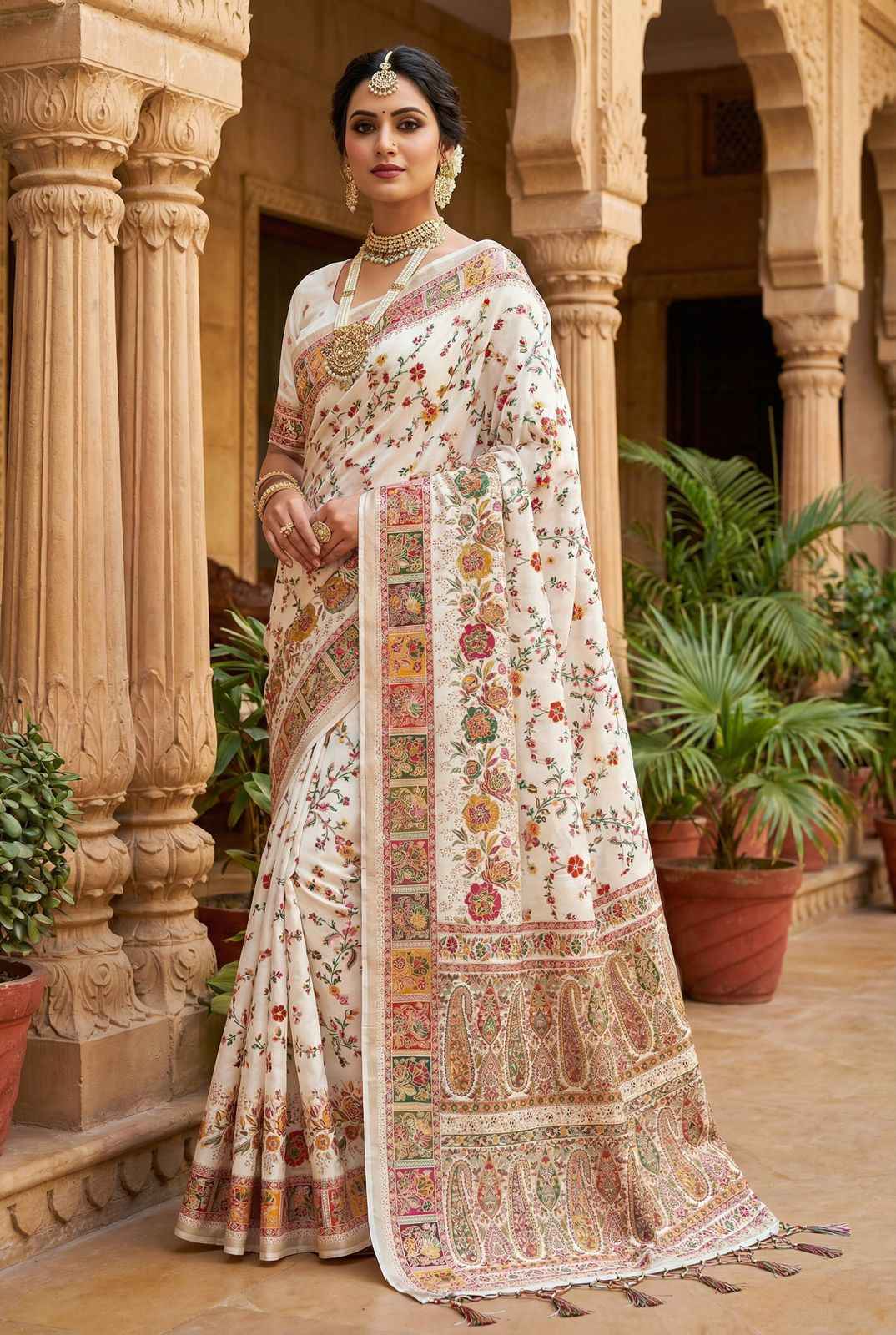 PURE SOFT RAJWADI PASHMINA SILK KASHMIRI THREAD WEAVING SAREE 1 AT WHOLESALE PRICE