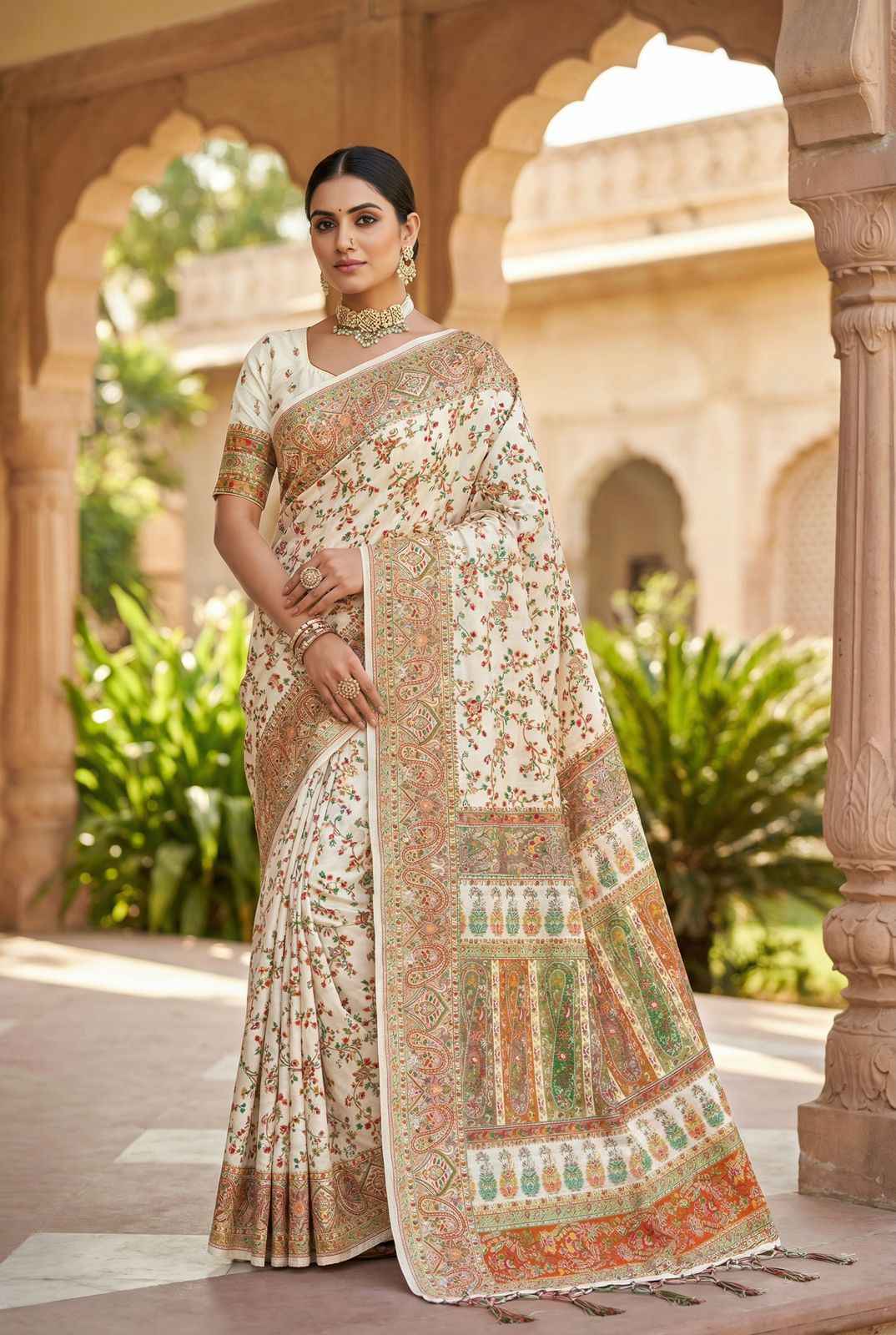 PURE SOFT RAJWADI PASHMINA SILK KASHMIRI THREAD WEAVING SAREE 1 AT WHOLESALE PRICE