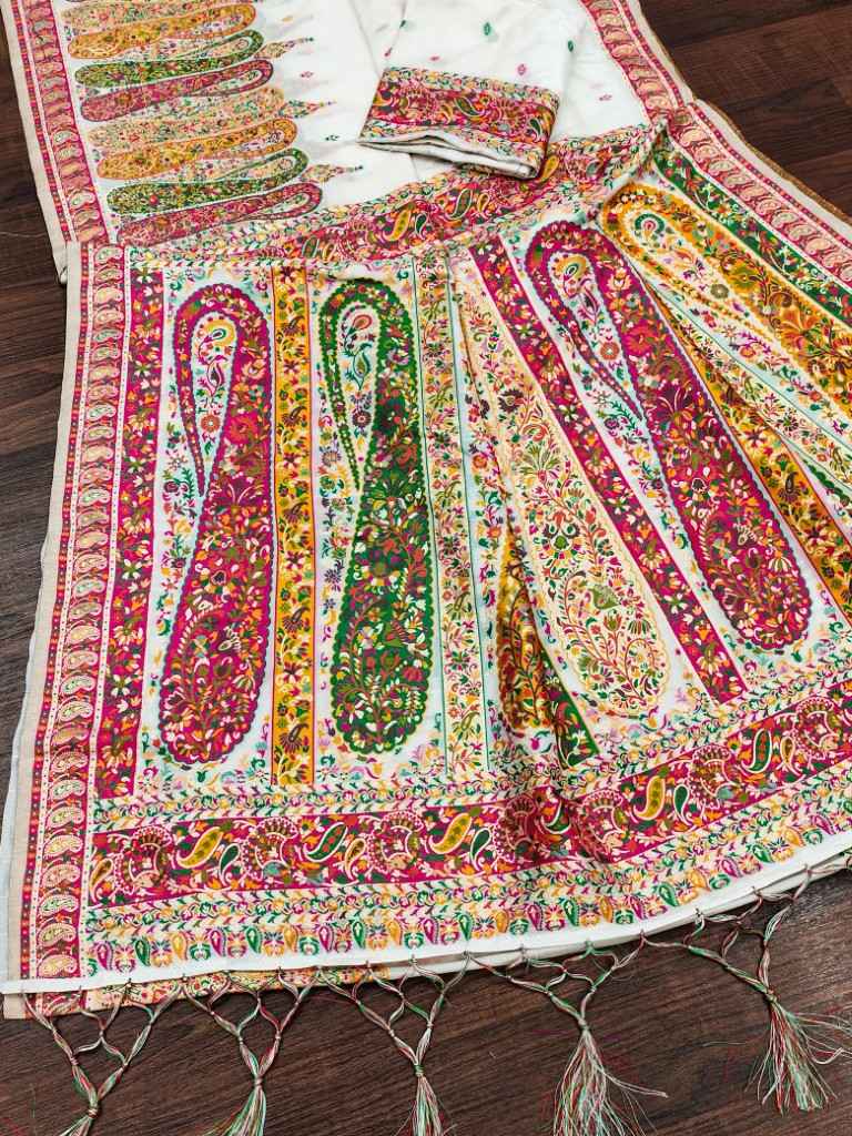 PURE SOFT RAJWADI PASHMINA SILK KASHMIRI THREAD WEAVING SAREE 1 AT WHOLESALE PRICE