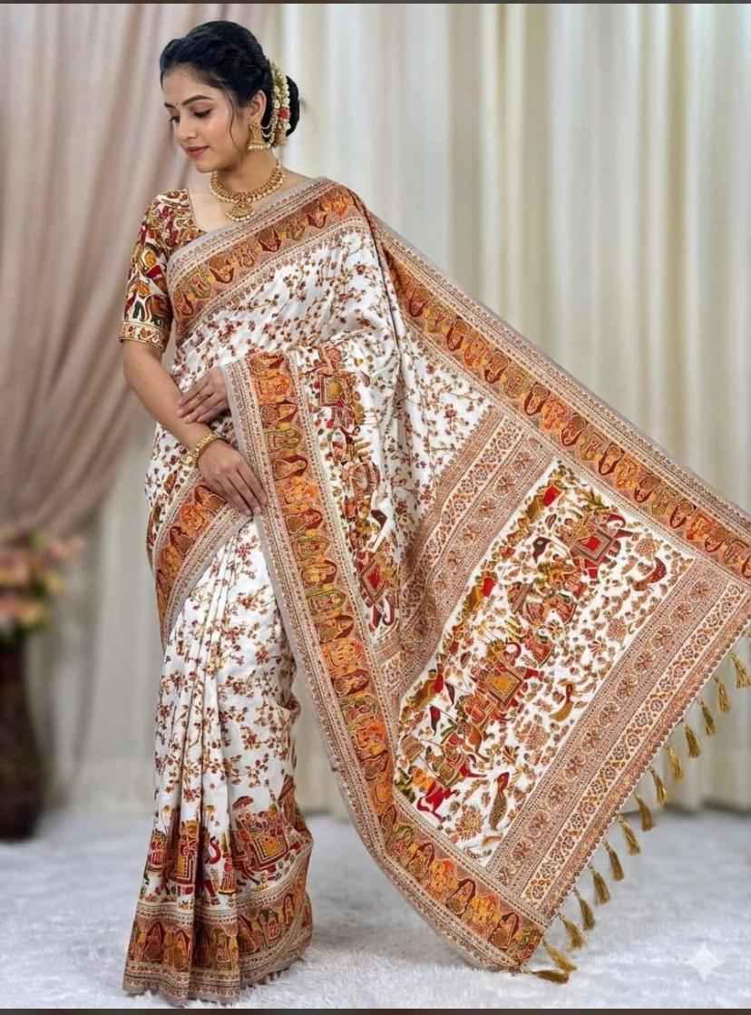 PURE SOFT RAJWADI PASHMINA SILK KASHMIRI THREAD ZARI WEAVING SAREE AT WHOLESALE PRICE