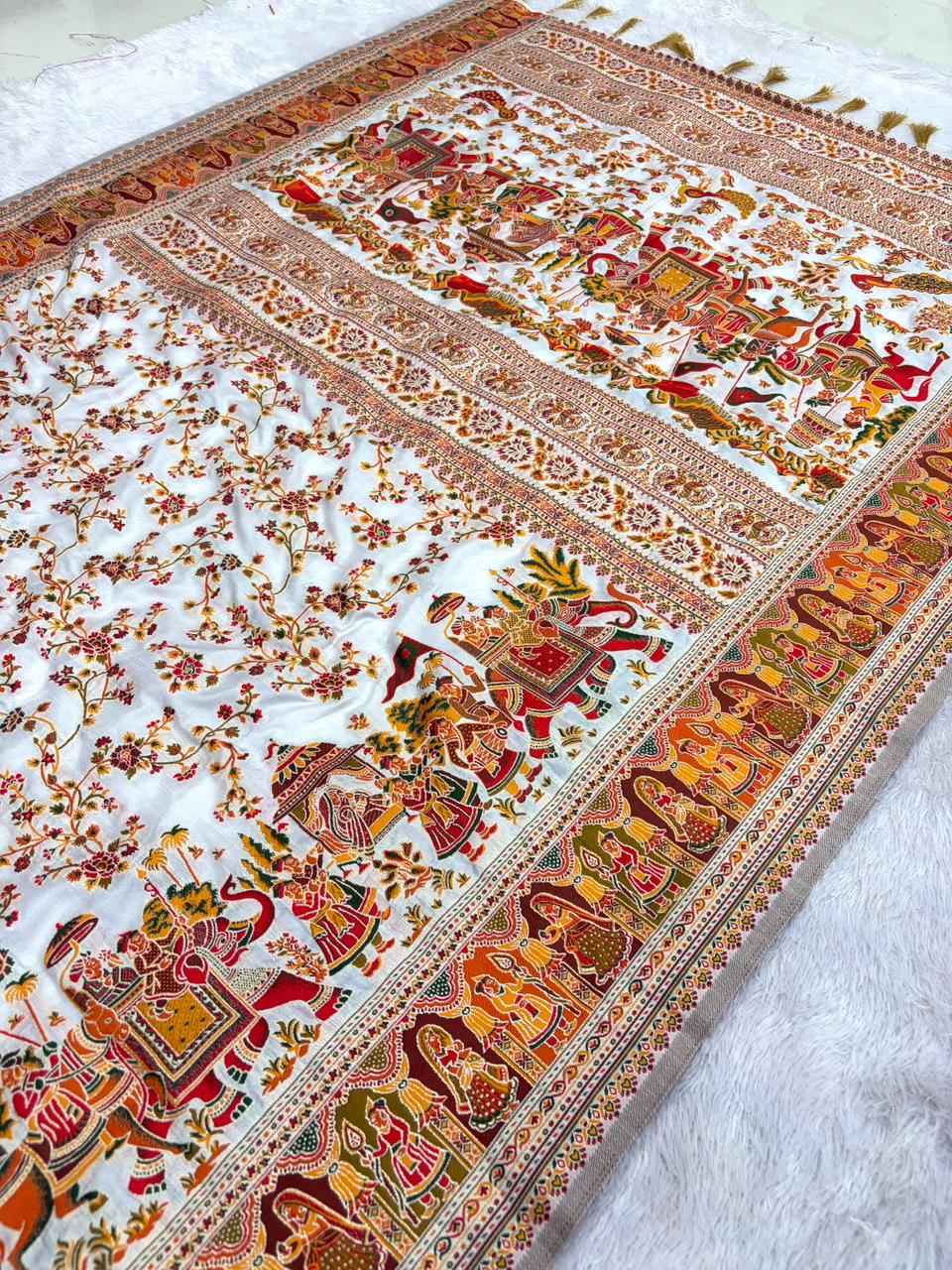 PURE SOFT RAJWADI PASHMINA SILK KASHMIRI THREAD ZARI WEAVING SAREE AT WHOLESALE PRICE