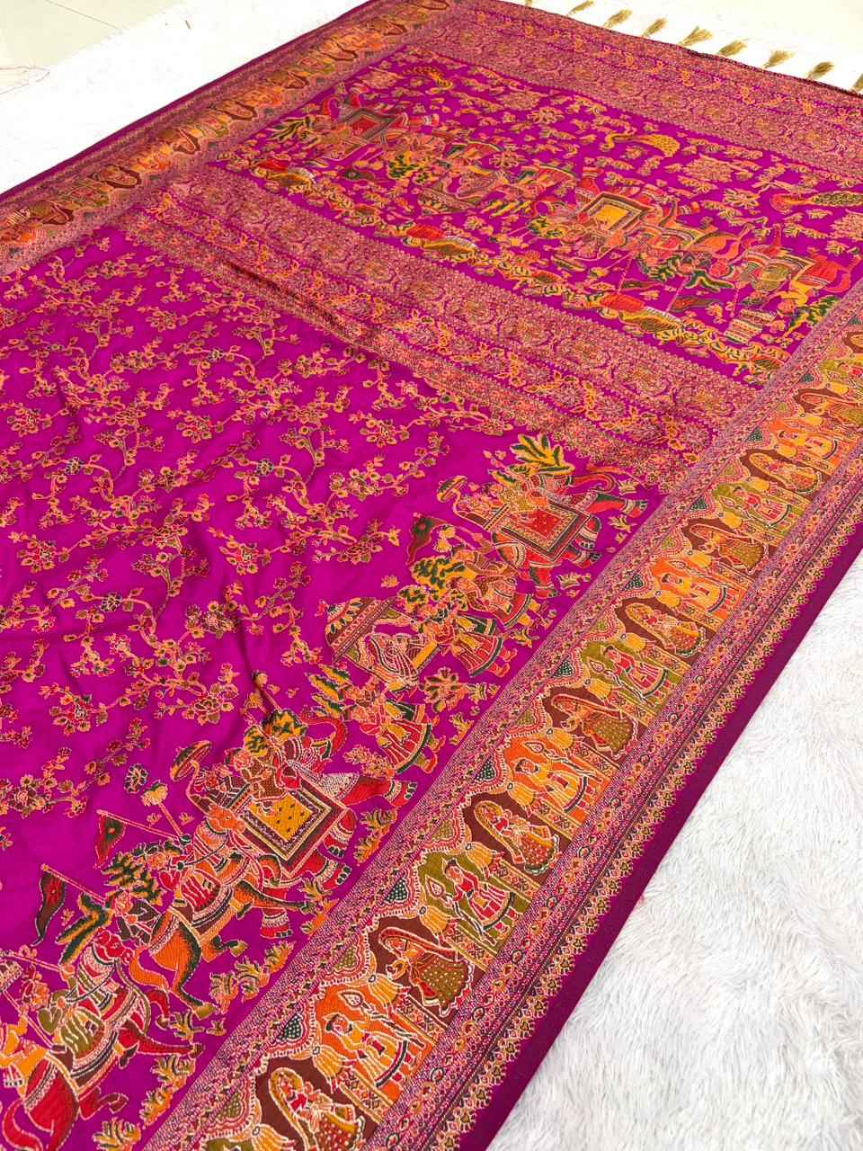 PURE SOFT RAJWADI PASHMINA SILK KASHMIRI THREAD ZARI WEAVING SAREE AT WHOLESALE PRICE