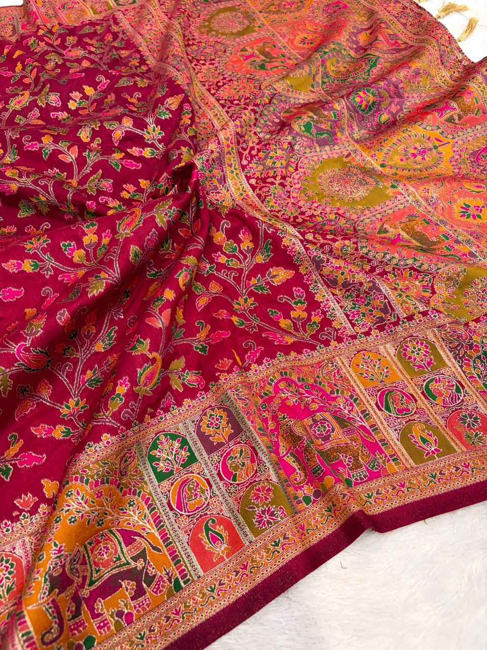 PURE SOFT RAJWADI PASHMINA SILK KASHMIRI THREAD ZARI WEAVING SAREE 2 AT WHOLESALE PRICE