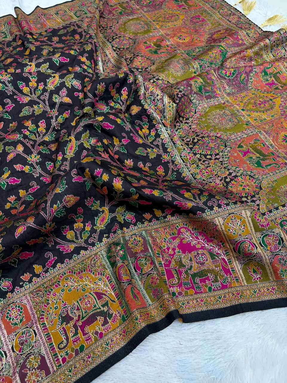 PURE SOFT RAJWADI PASHMINA SILK KASHMIRI THREAD ZARI WEAVING SAREE 2 AT WHOLESALE PRICE