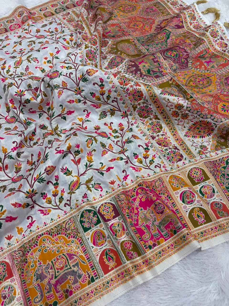 PURE SOFT RAJWADI PASHMINA SILK KASHMIRI THREAD ZARI WEAVING SAREE 2 AT WHOLESALE PRICE