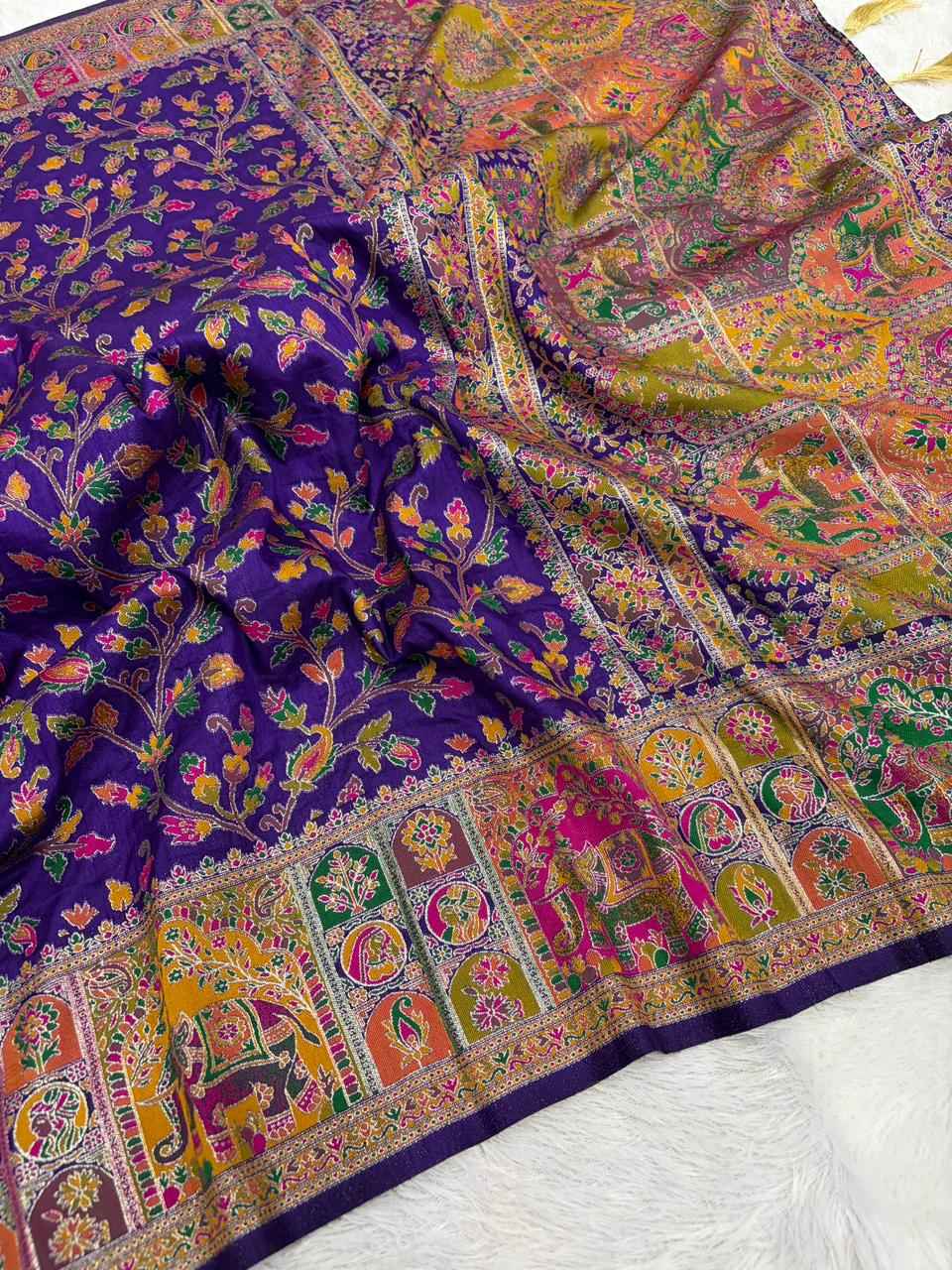 PURE SOFT RAJWADI PASHMINA SILK KASHMIRI THREAD ZARI WEAVING SAREE 2 AT WHOLESALE PRICE