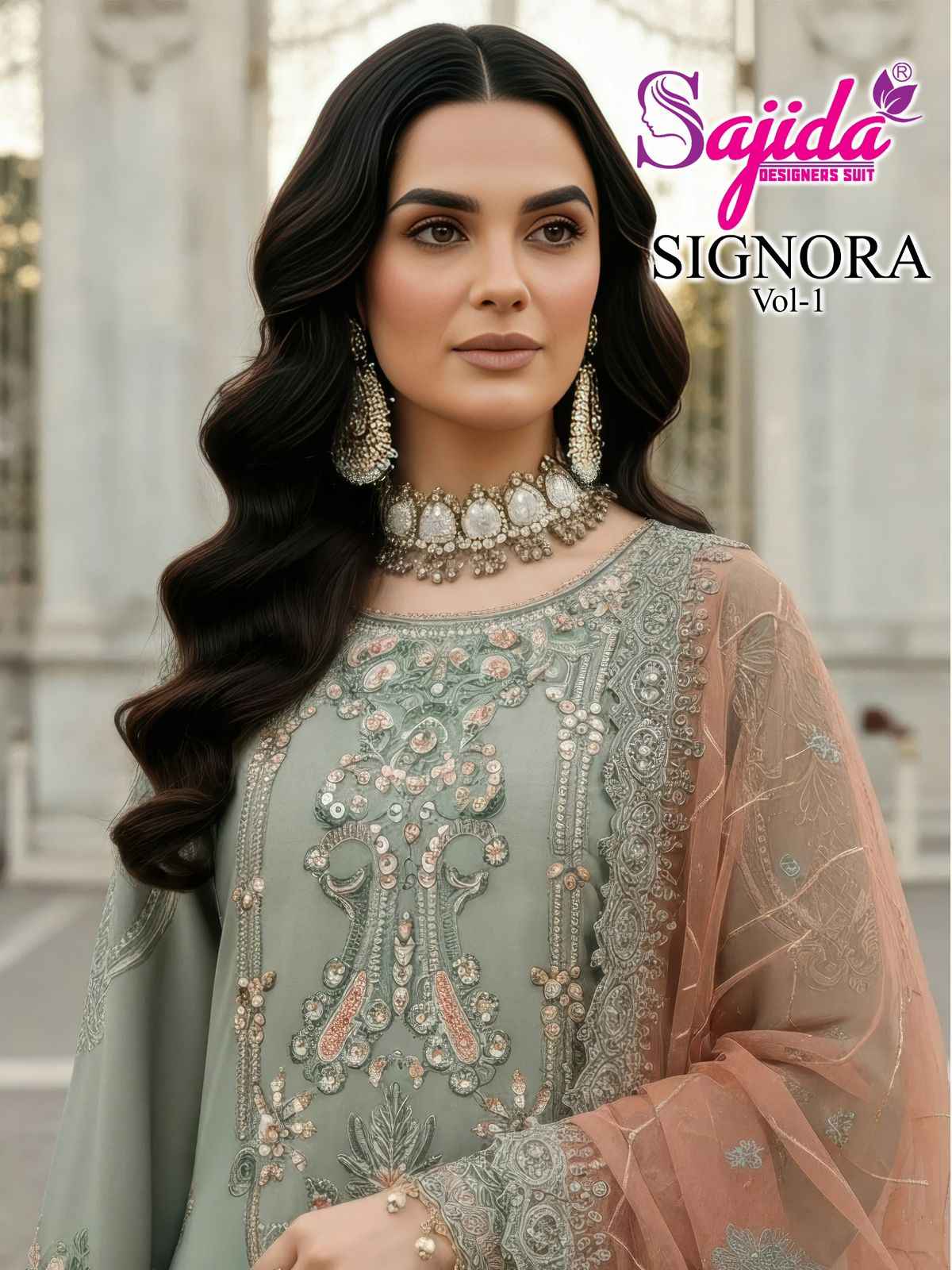 SAJIDA SIGNORA VOL-1 GEORGETTE HEAVY EMBROIDERED PAKISTANI DRESS MATERIAL AT WHOLESALE PRICE