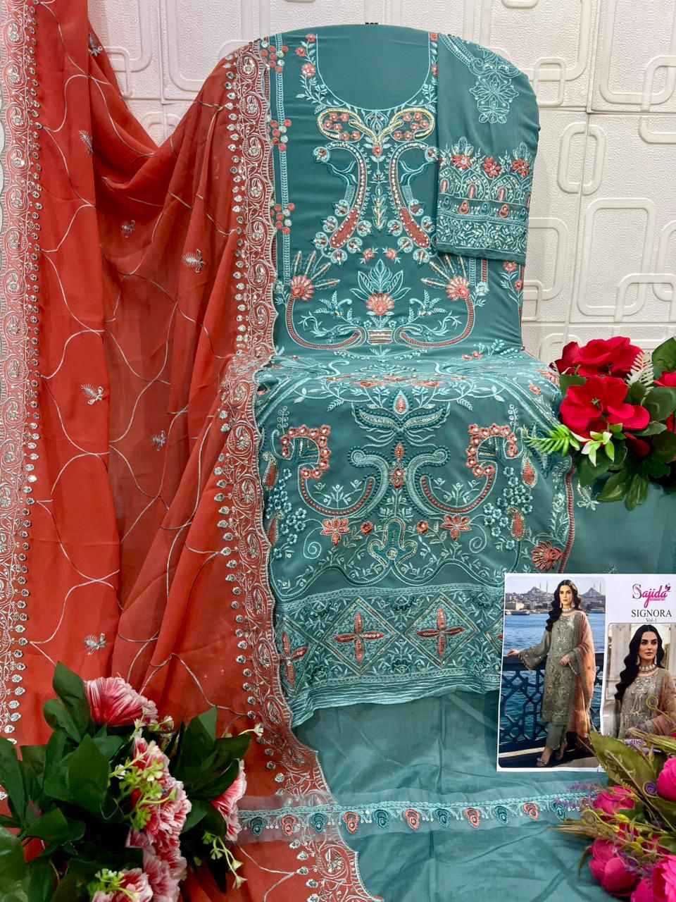 SAJIDA SIGNORA VOL-1 GEORGETTE HEAVY EMBROIDERED PAKISTANI DRESS MATERIAL AT WHOLESALE PRICE