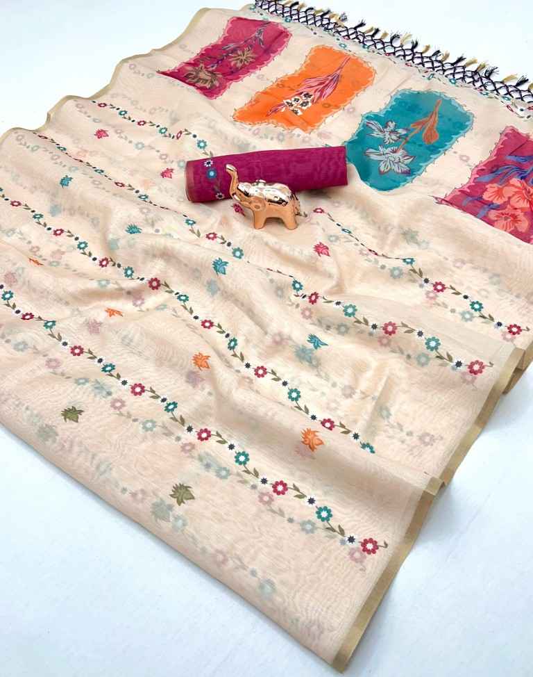 SOFT CHANDRI LENIN FLORAL DIGITAL PRINTED SAREE AT WHOLESALE PRICE 