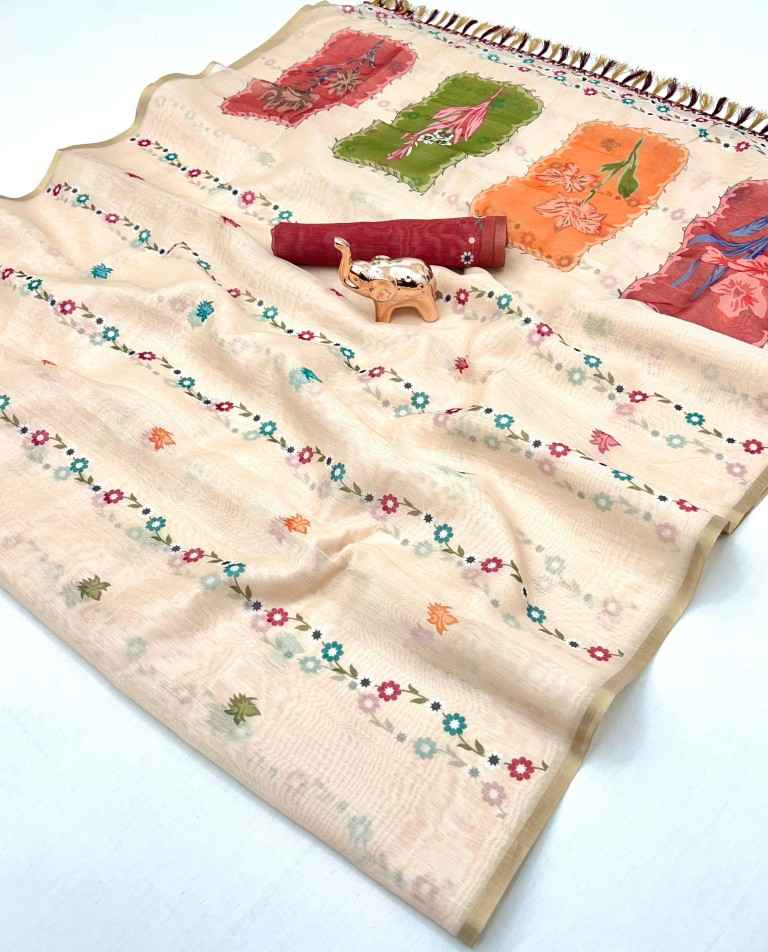 SOFT CHANDRI LENIN FLORAL DIGITAL PRINTED SAREE AT WHOLESALE PRICE 