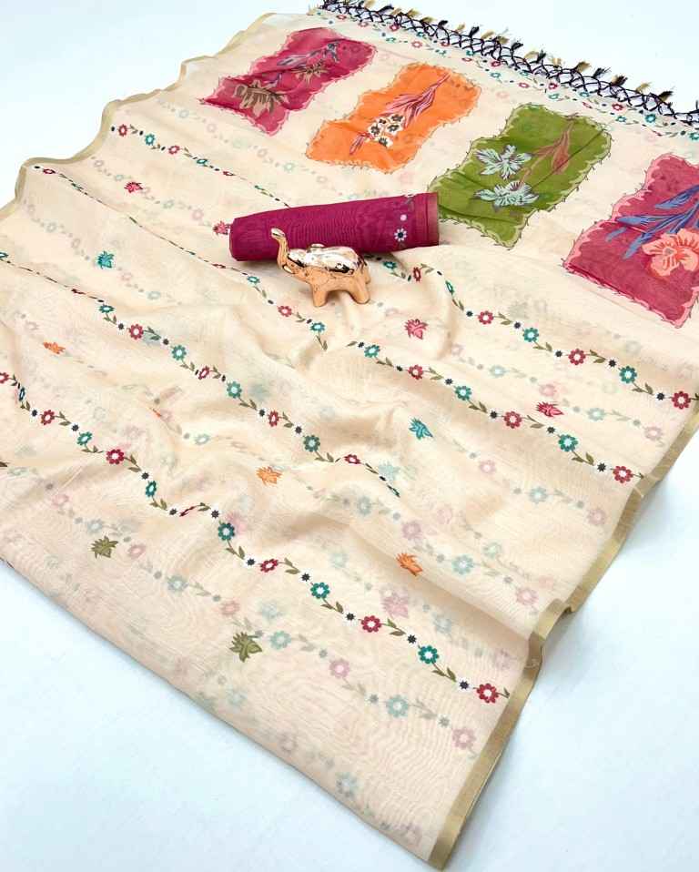 SOFT CHANDRI LENIN FLORAL DIGITAL PRINTED SAREE AT WHOLESALE PRICE 