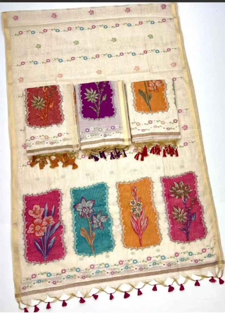 SOFT CHANDRI LENIN FLORAL DIGITAL PRINTED SAREE AT WHOLESALE PRICE 