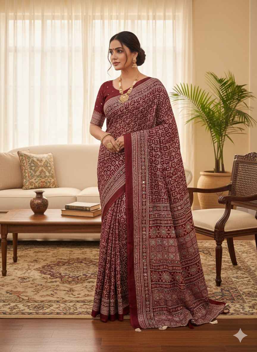 SOFT CREPE SILK AJARAKH PRINT ZARI AND MIRROR WORK SAREE AT WHOLESALE PRICE  