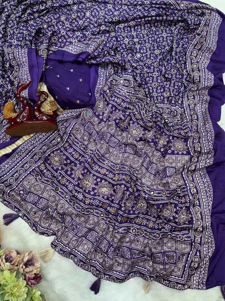 SOFT CREPE SILK AJARAKH PRINT ZARI AND MIRROR WORK SAREE AT WHOLESALE PRICE  