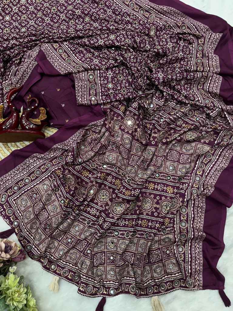 SOFT CREPE SILK AJARAKH PRINT ZARI AND MIRROR WORK SAREE AT WHOLESALE PRICE  