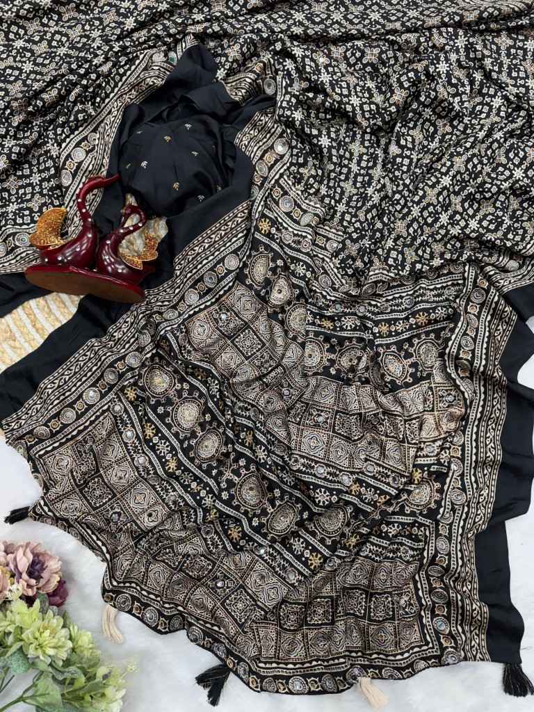 SOFT CREPE SILK AJARAKH PRINT ZARI AND MIRROR WORK SAREE AT WHOLESALE PRICE  