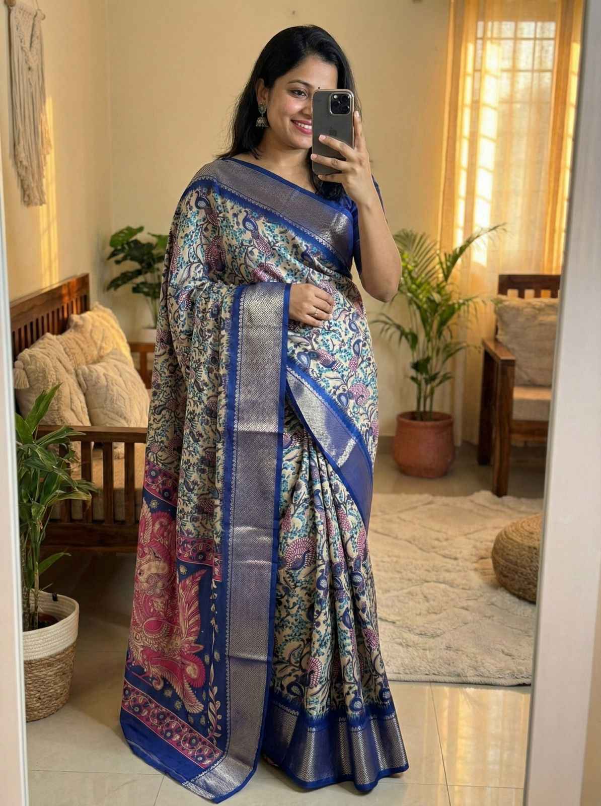 SOFT DOLA SILK KALAMKARI PRINT ZARI BORDER SAREE AT WHOLESALE PRICE