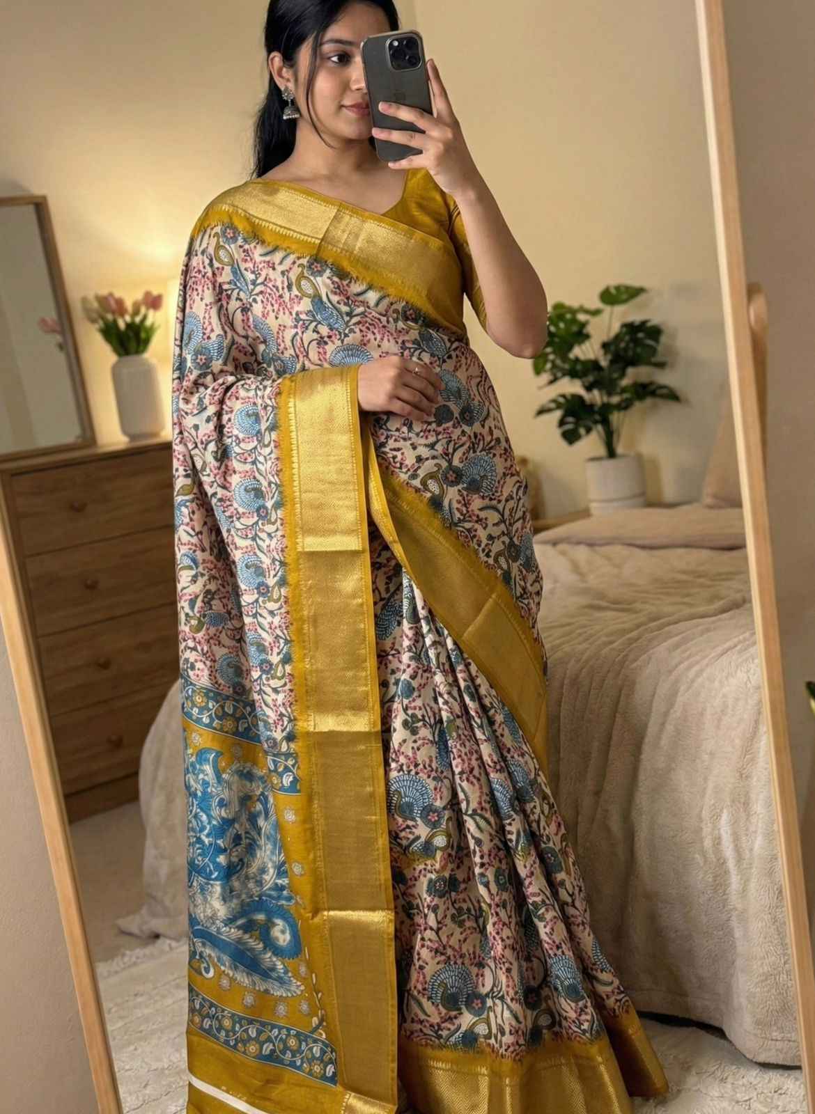 SOFT DOLA SILK KALAMKARI PRINT ZARI BORDER SAREE AT WHOLESALE PRICE