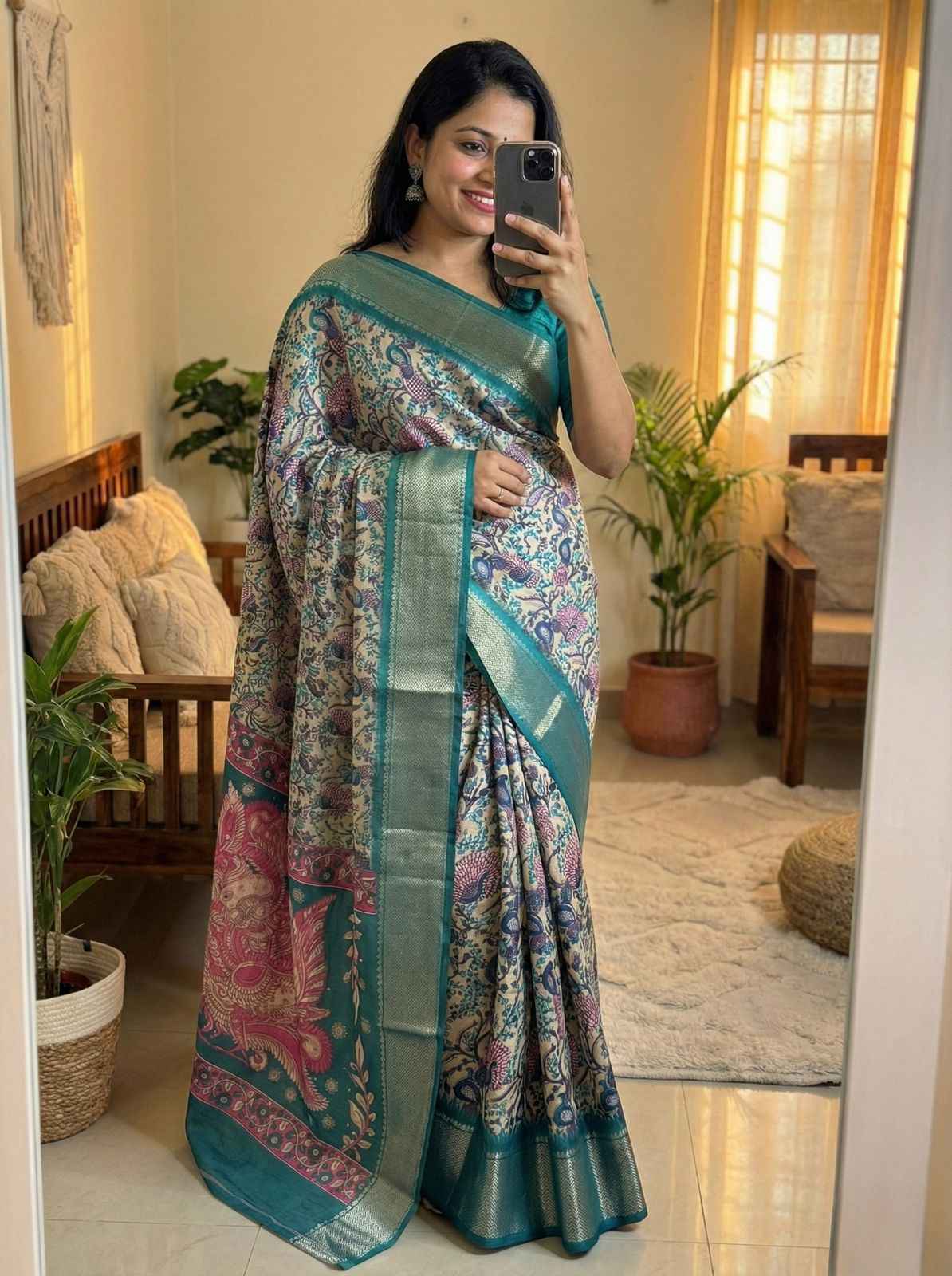 SOFT DOLA SILK KALAMKARI PRINT ZARI BORDER SAREE AT WHOLESALE PRICE