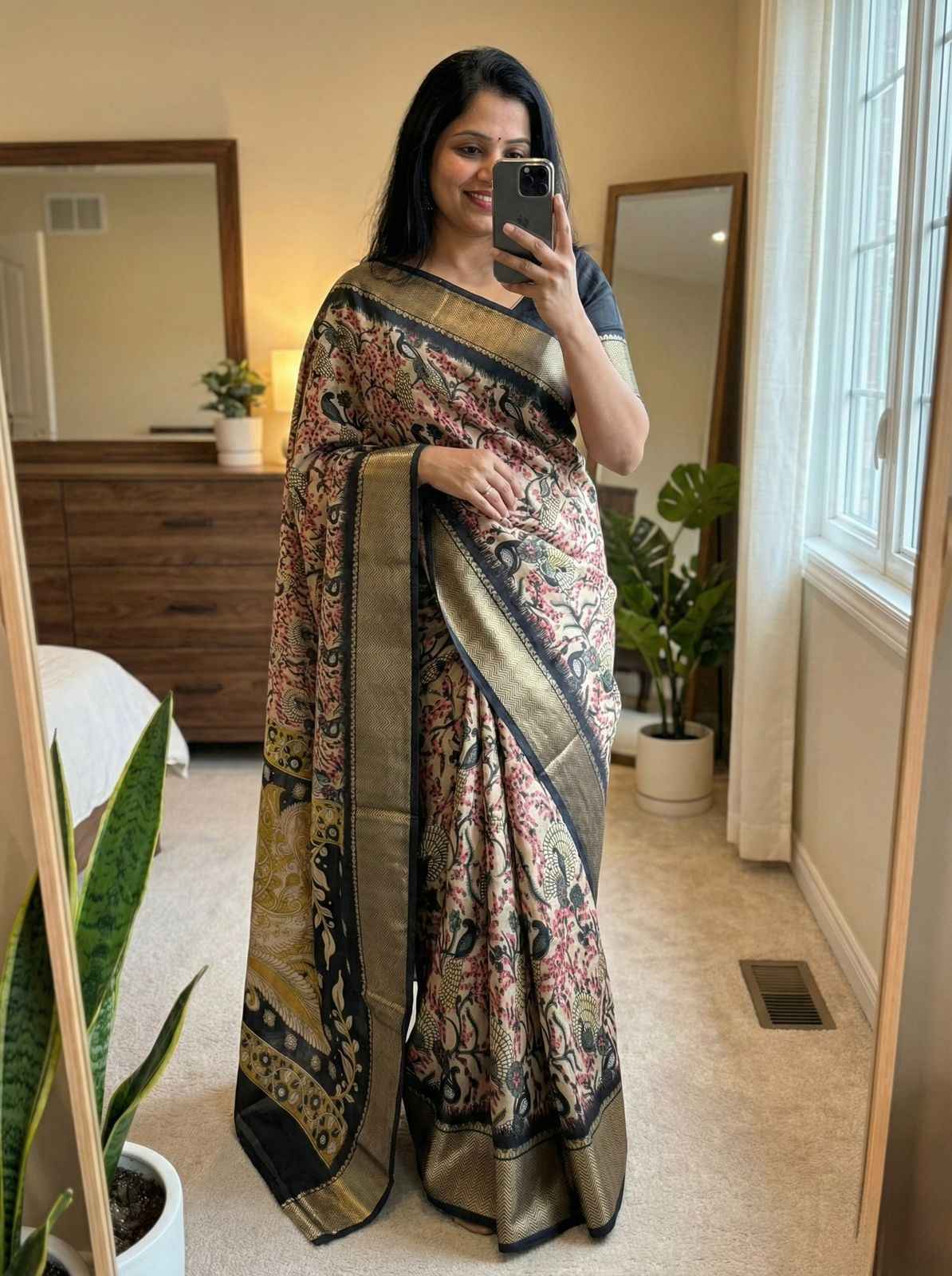 SOFT DOLA SILK KALAMKARI PRINT ZARI BORDER SAREE AT WHOLESALE PRICE