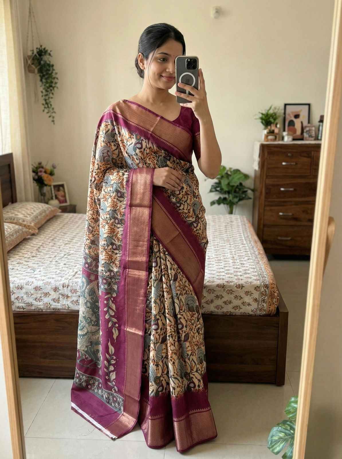 SOFT DOLA SILK KALAMKARI PRINT ZARI BORDER SAREE AT WHOLESALE PRICE