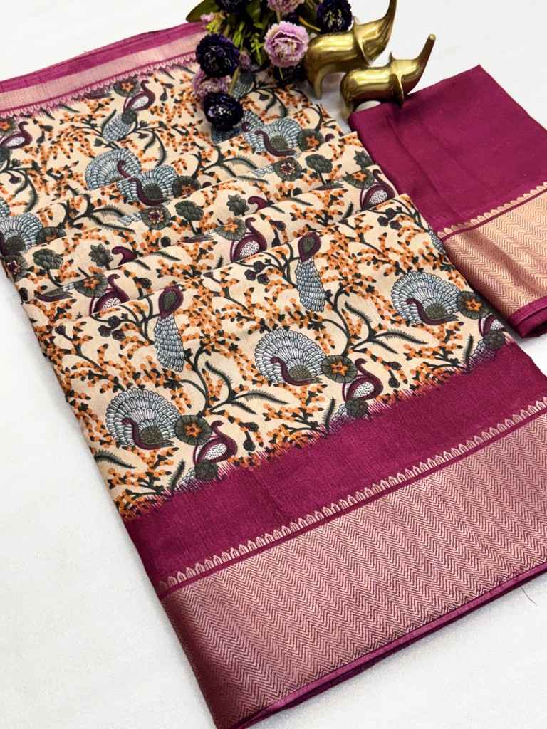 SOFT DOLA SILK KALAMKARI PRINT ZARI BORDER SAREE AT WHOLESALE PRICE