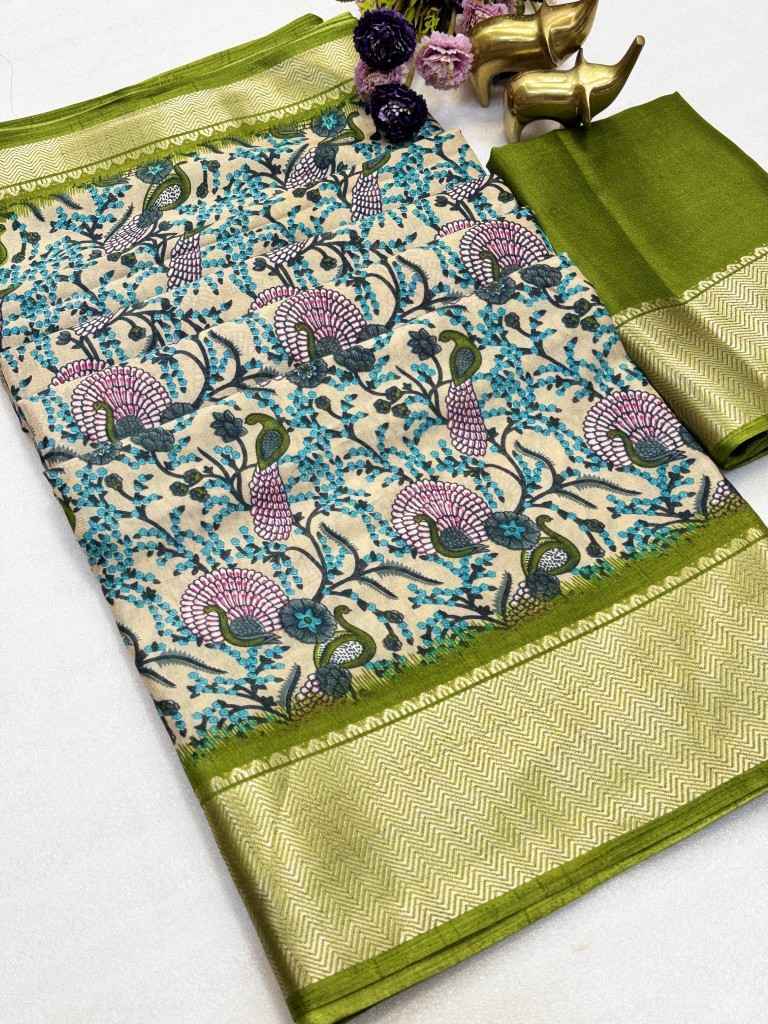 SOFT DOLA SILK KALAMKARI PRINT ZARI BORDER SAREE AT WHOLESALE PRICE