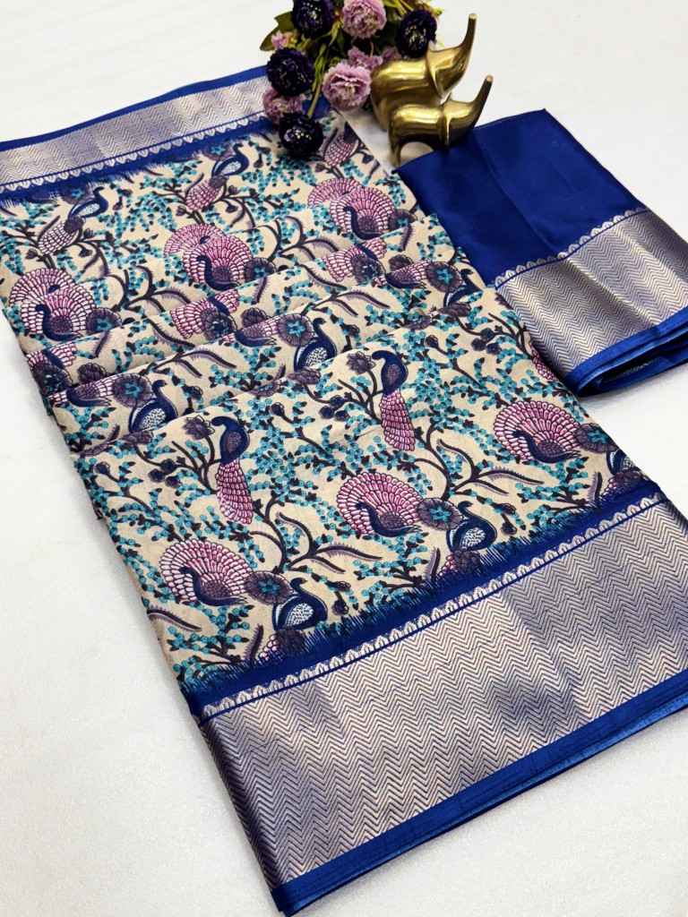 SOFT DOLA SILK KALAMKARI PRINT ZARI BORDER SAREE AT WHOLESALE PRICE