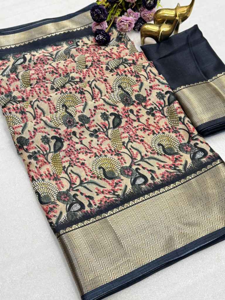 SOFT DOLA SILK KALAMKARI PRINT ZARI BORDER SAREE AT WHOLESALE PRICE