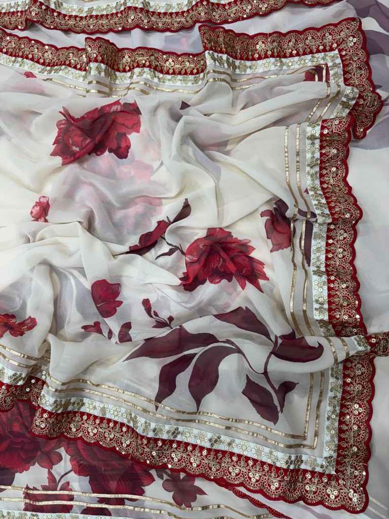SOFT GEORGETTE FLORAL PRINT WITH GOTA PATTI LACE BORDER SAREE AT WHOLESALE PRICE 