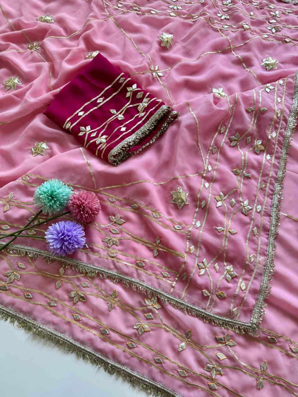  SOFT GEORGETTE HEAVY KACHHI GOTA WORK SAREE AT WHOLESALE PRICE   