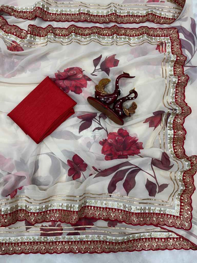 SOFT GEORGETTE FLORAL PRINT WITH GOTA PATTI LACE BORDER SAREE AT WHOLESALE PRICE 