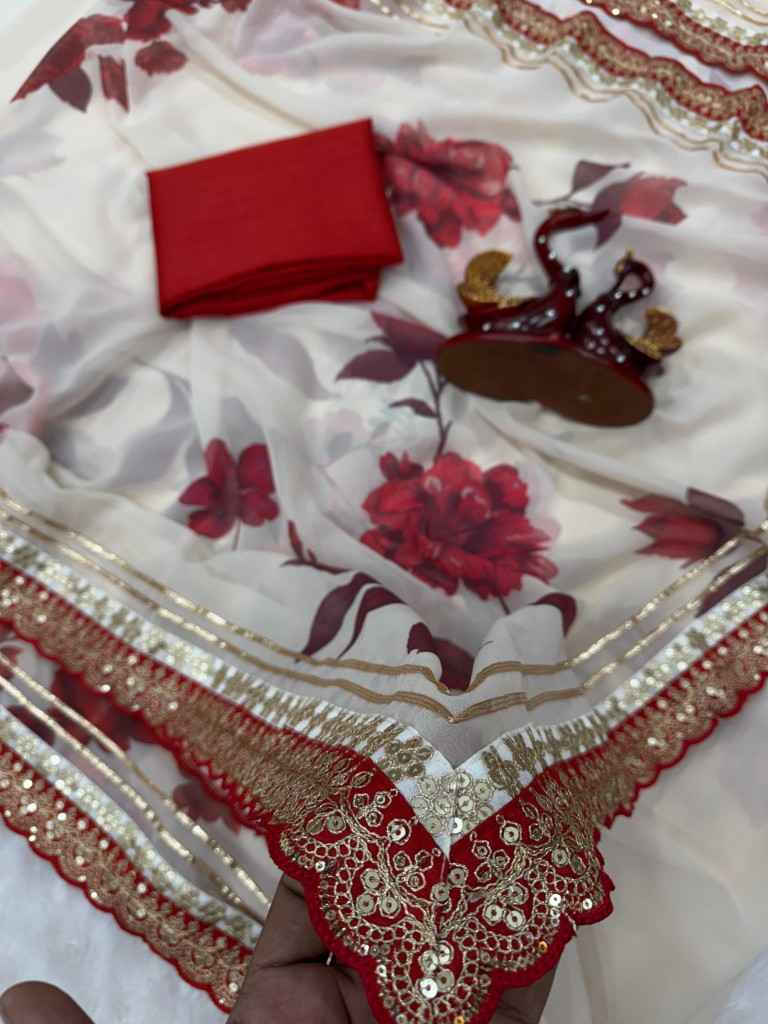 SOFT GEORGETTE FLORAL PRINT WITH GOTA PATTI LACE BORDER SAREE AT WHOLESALE PRICE 